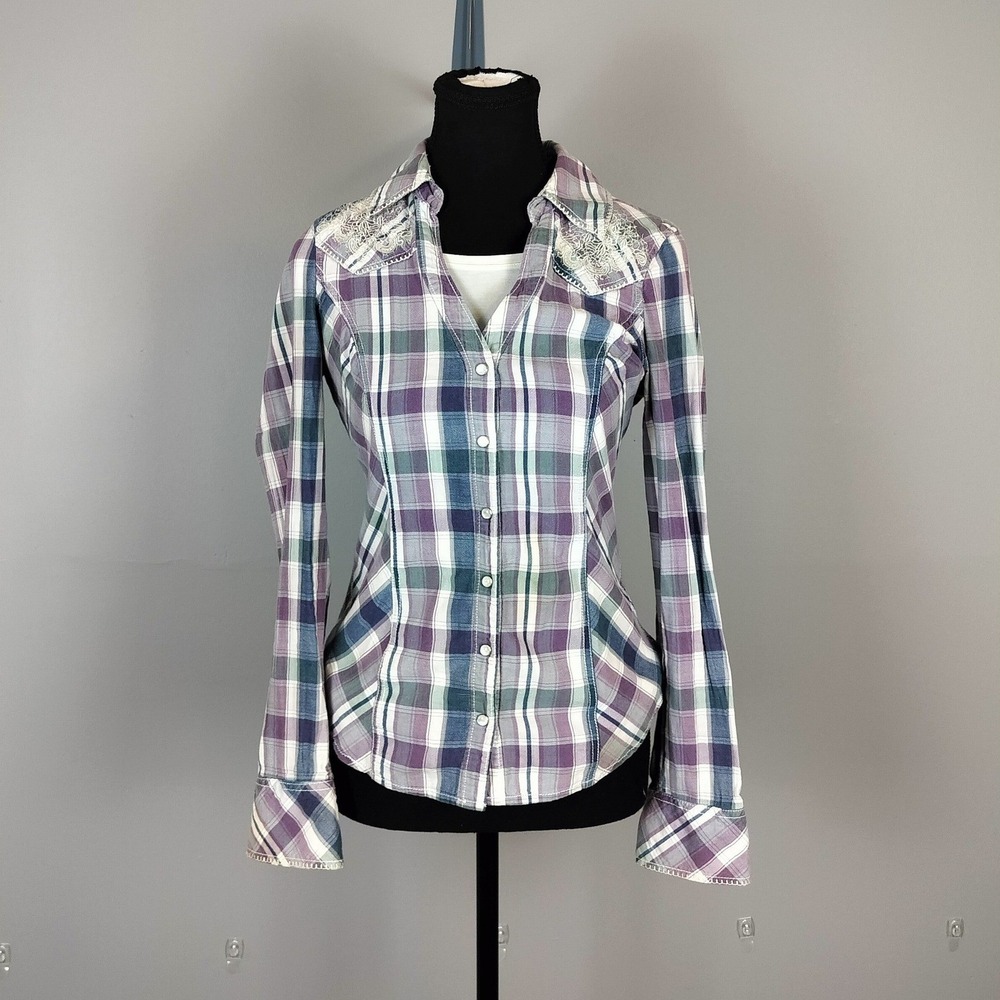 Guess Lace Yoke Western Pearl Snap Plaid Shirt Womens S Purple Lightweight